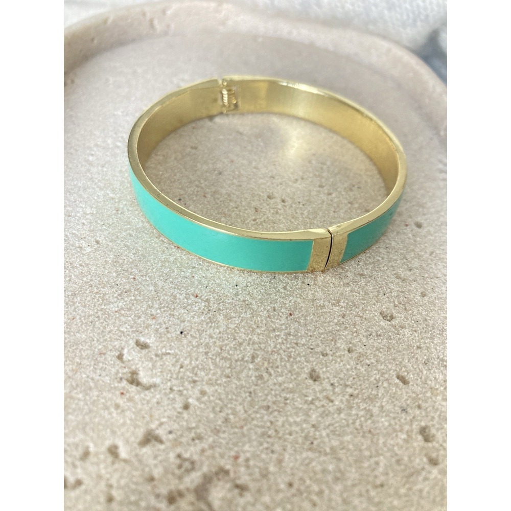 Aqua Enamel Hinged Bangle Bracelet Gold Tone Modern Cuff Beachy Coastal